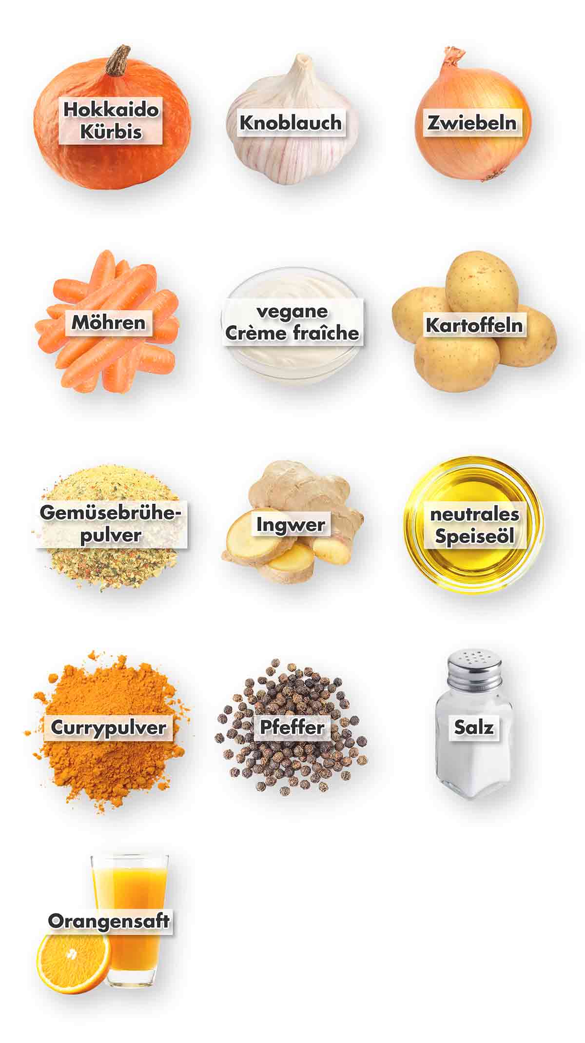 Zutaten für vegane Kürbissuppe mit Kartoffeln und Karotten Hokkaido Kürbis, Knoblauch, Zwiebeln, Möhren, vegane Crème fraîche, Kartoffeln, Gemüsebrühe Pulver, Ingwer, Öl, Currypulver, Pfeffer, Salz, Orangensaft