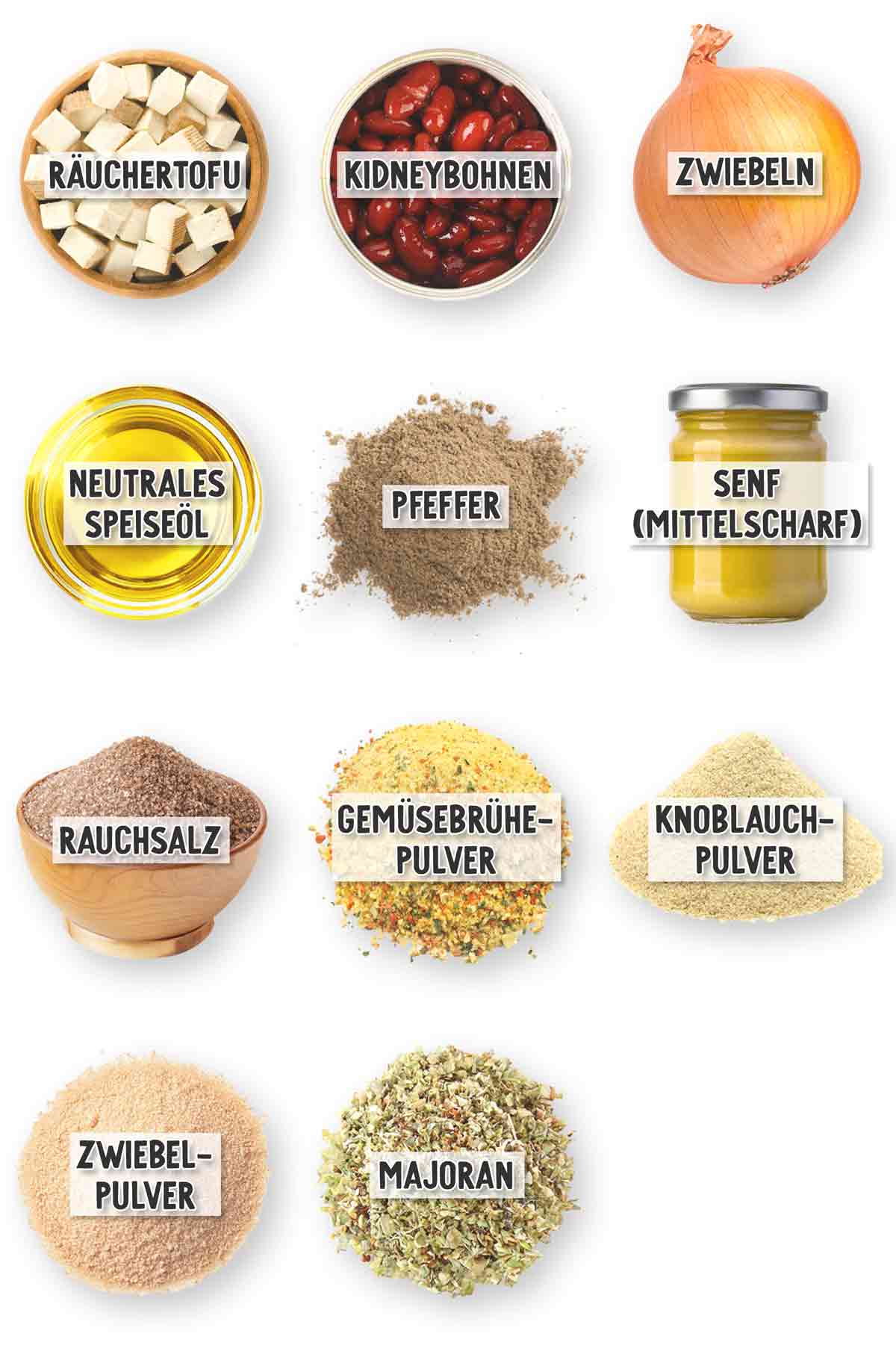 Eine Übersicht von Zutaten für vegane Leberwurst, angeordnet in einem Raster. Enthalten sind: Räuchertofu in Würfeln, Kidneybohnen in einer Dose, eine ganze Zwiebel, eine Schale mit neutralem Speiseöl, gemahlener Pfeffer, ein Glas mittelscharfer Senf, eine Schale mit Rauchsalz, Gemüsebrühe-Pulver, Knoblauchpulver, Zwiebelpulver und Majoran.