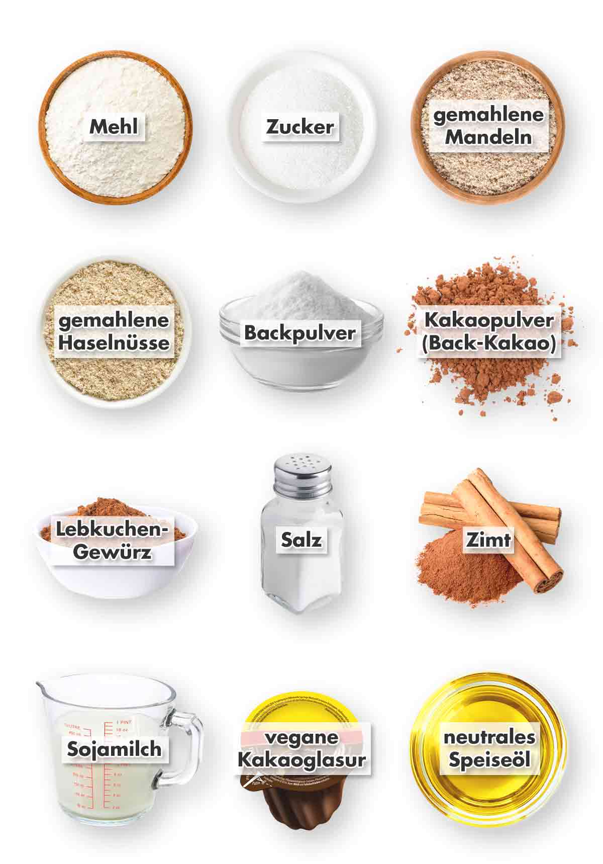 Mehl, Zucker, gemahlene Mandeln, gemahlene Haselnüsse, Backpulver, Kakao, Lebkuchengewürz, Salz, Zimt, Sojamilch, vegane Schokoglasur, neutrales Öl Zutaten für weiche vegane Lebkuchen mit Schokoglasur