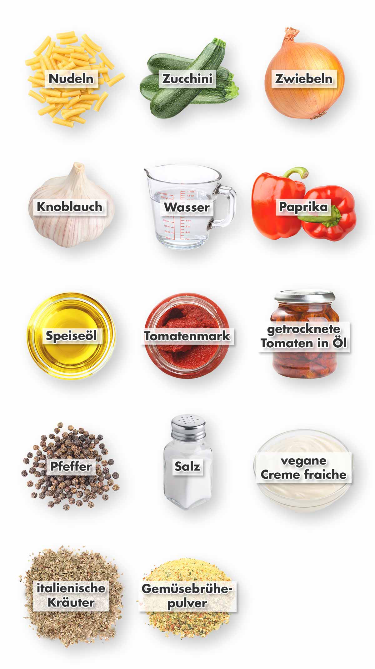 Nudeln, Zucchini, Zwiebel, Knoblauch, Wasser, Paprika, Speiseöl, Tomatenmark, getrocknete Tomaten in Öl, Pfeffer, Salz, vegane Crème fraîche, getrocknete italienische Kräuter, Gemüsebrühe Pulver Zutaten für vegane One Pot Pasta mit Zucchini, Paprika und getrockneten Tomaten