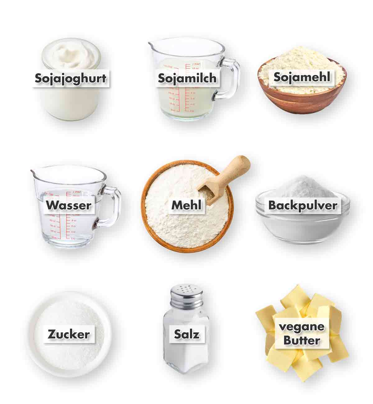 Zutaten für vegane Pancakes, dargestellt mit Beschriftungen: Sojajoghurt, Sojamilch, Sojamehl, Wasser, Mehl, Backpulver, Zucker, Salz und vegane Butter.