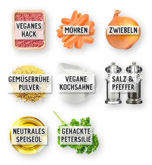 Zutaten für vegane Sahne-Möhren mit Hack in der Übersicht: Veganes Hack, Möhren, Zwiebeln, Gemüsebrühepulver, vegane Kochsahne, Salz & Pfeffer, neutrales Speiseöl, gehackte Petersilie.