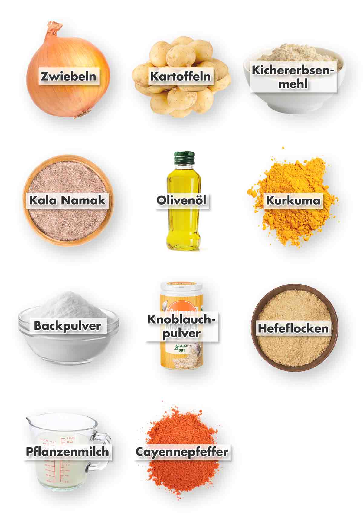 Zwiebeln, Kartoffeln, Kichererbsenmehl, Kala Namak, Olivenöl, Kurkuma, Backpulver, Knoblauchpulver, Hefeflocken, Pflanzenmilch, Cayennepfeffer Zutaten für vegane spanische Tortilla mit Kichererbsenmehl