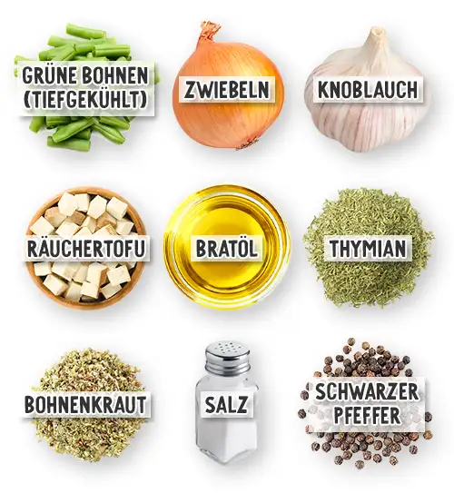 Zutaten für vegane Speckbohnen mit Räuchertofu in der Übersicht - tiefgekühlte grüne Bohnen, Zwiebeln, Knoblauch, Räuchertofu, Bratöl, Thymian, Bohnenkraut, Salz und schwarzer Pfeffer.