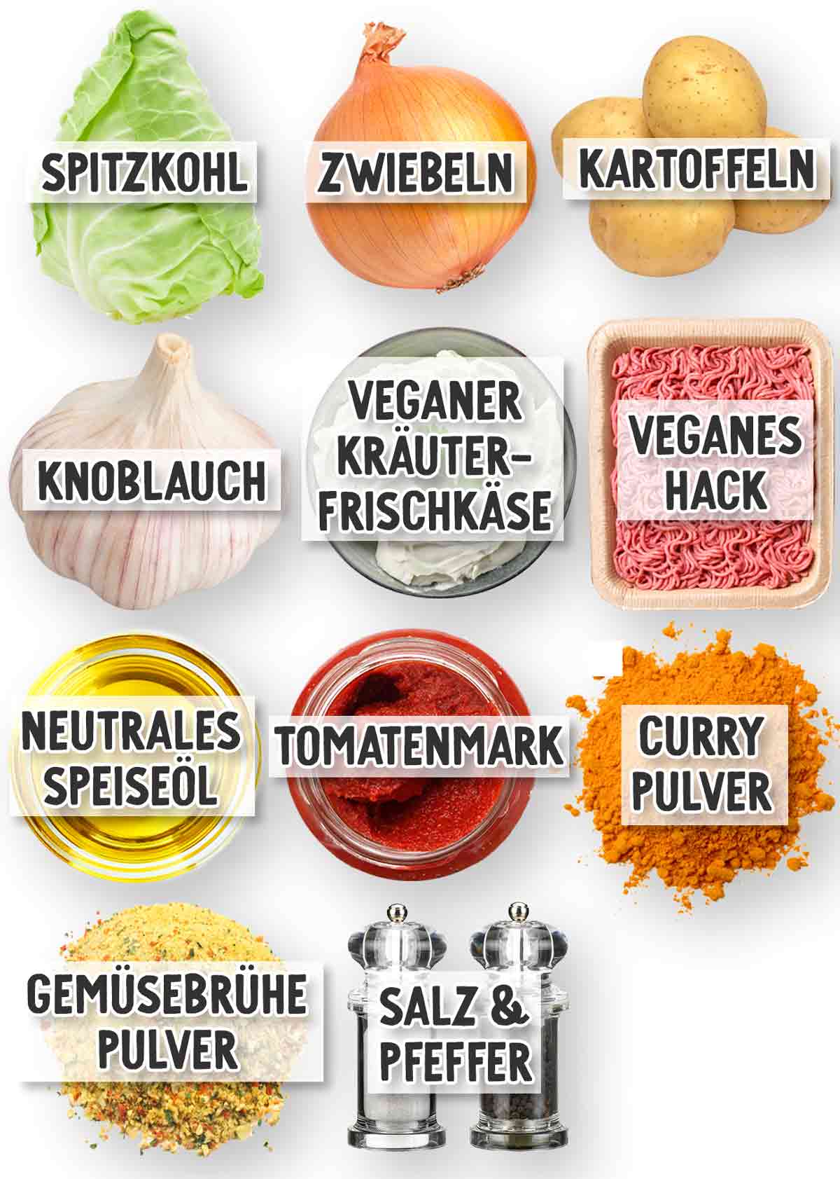 Zutaten für eine vegane Spitzkohl-Hackfleisch-Pfanne, darunter Spitzkohl, Zwiebeln, Kartoffeln, Knoblauch, veganer Kräuter-Frischkäse, veganes Hack, neutrales Speiseöl, Tomatenmark, Currypulver, Gemüsebrühepulver sowie Salz und Pfeffer.