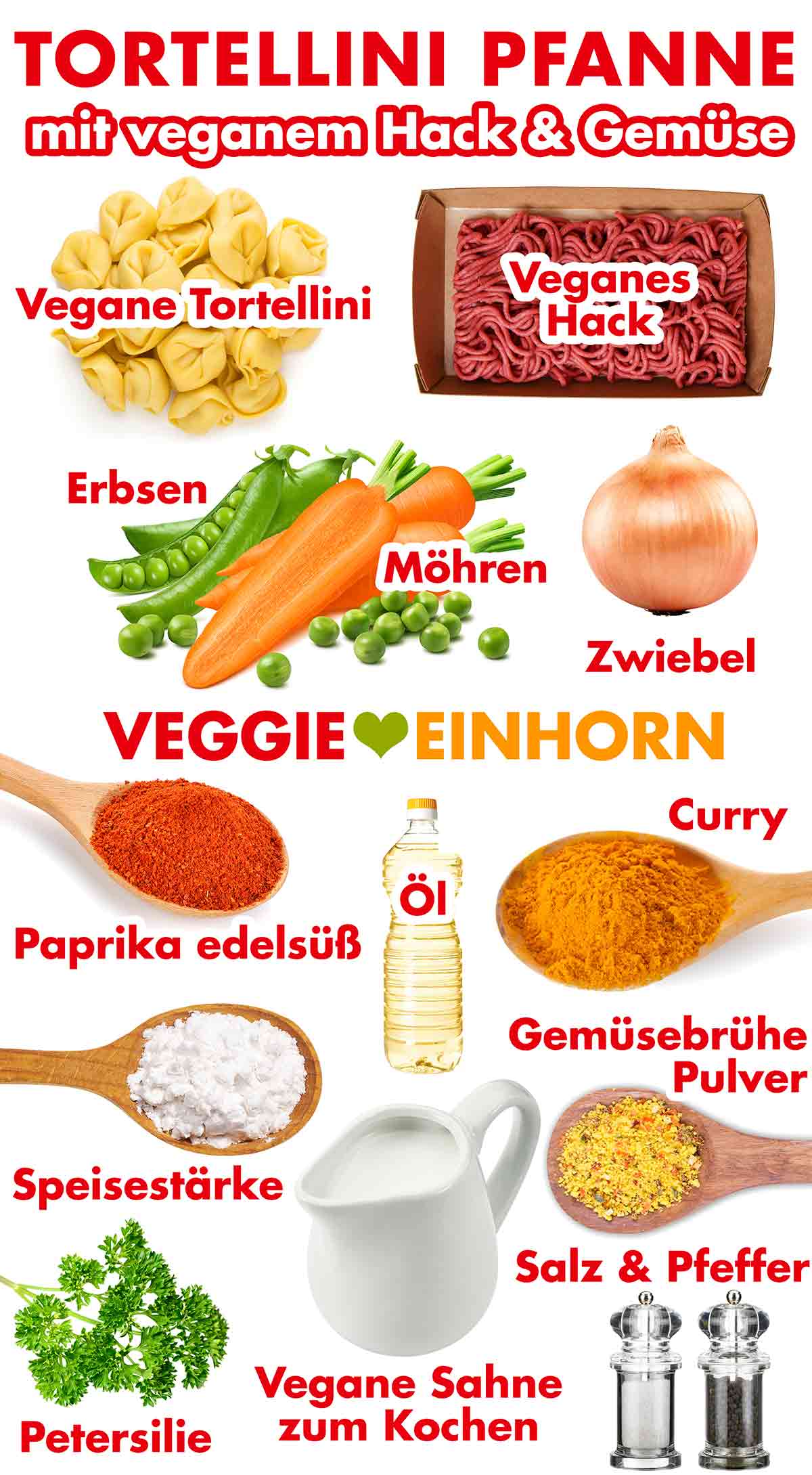 Vegane Tortellini, veganes Hack, Erbsen, Möhren, Zwiebel, Paprika edelsüß, Öl, Curry Pulver, Speisestärke, vegane Kochsahne, Gemüsebrühe Pulver, Petersilie, Salz, Pfeffer Zutaten für vegane Tortellini Pfanne mit Gemüse und veganem Hackfleisch