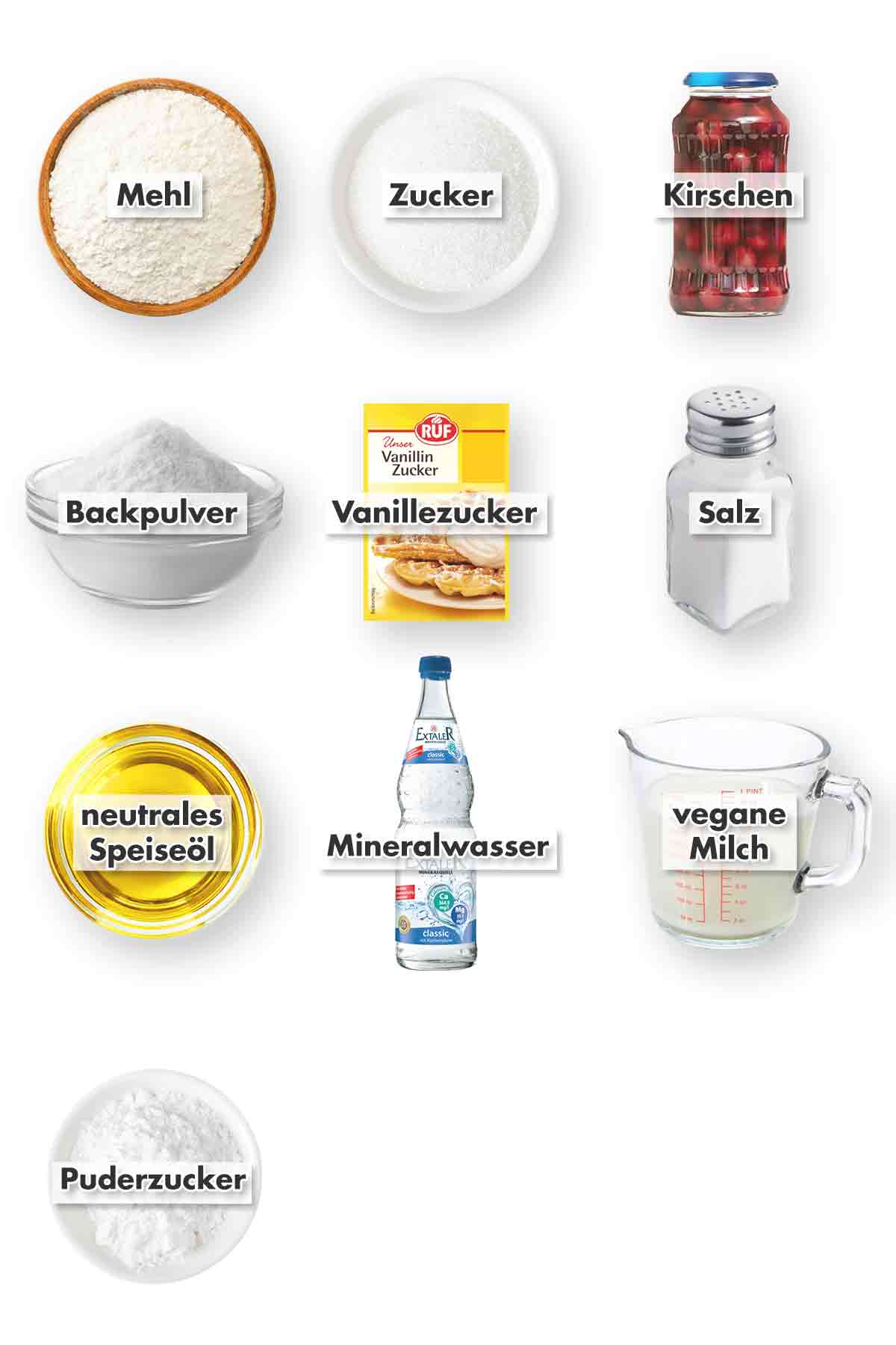 Mehl, Zucker, Kirschen, Backpulver, Vanillezucker, Salz, neutrales Öl, Mineralwasser, vegane Milch, Puderzucker Zutaten für schnellen veganen Kirschkuchen