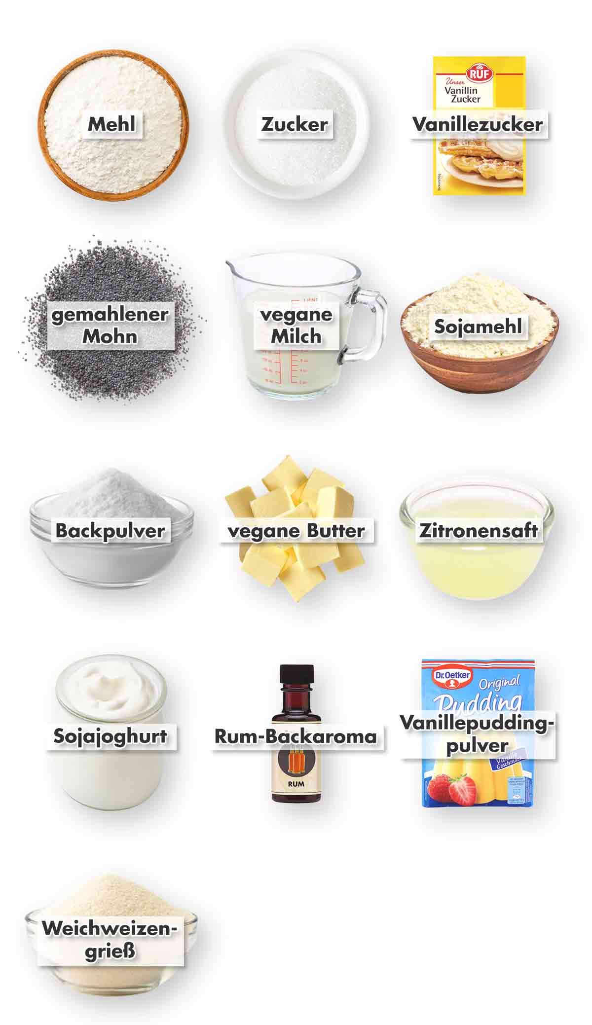 Mehl, Zucker, Vanillezucker, gemahlener Mohn, vegane Milch, Sojamehl, Backpulver, vegane Butter, Zitronensaft, Sojajoghurt, Rumaroma, Vanillepuddingpulver, Weichweizengrieß Zutaten für veganen Mohn-Käsekuchen