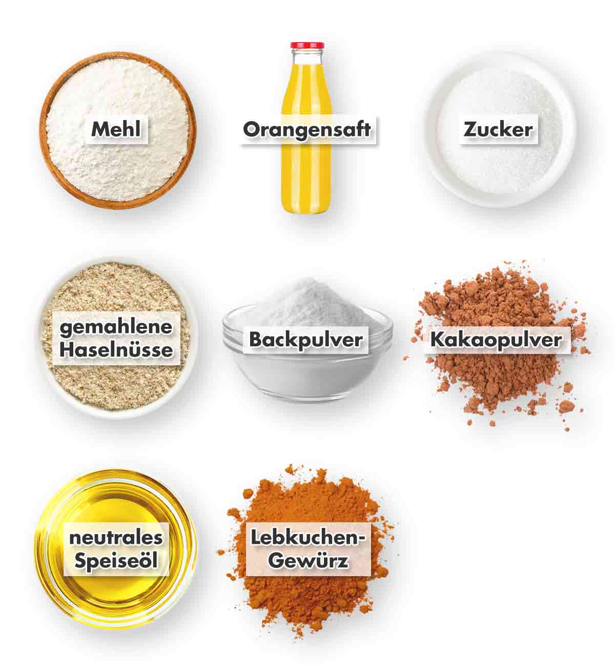 Mehl, Orangensaft, Zucker, gemahlene Haselnüsse, Backpulver, Backkakao, geschmacksneutrales Pflanzenöl, Lebkuchengewürz Zutaten für veganen Schoko Gewürzkuchen