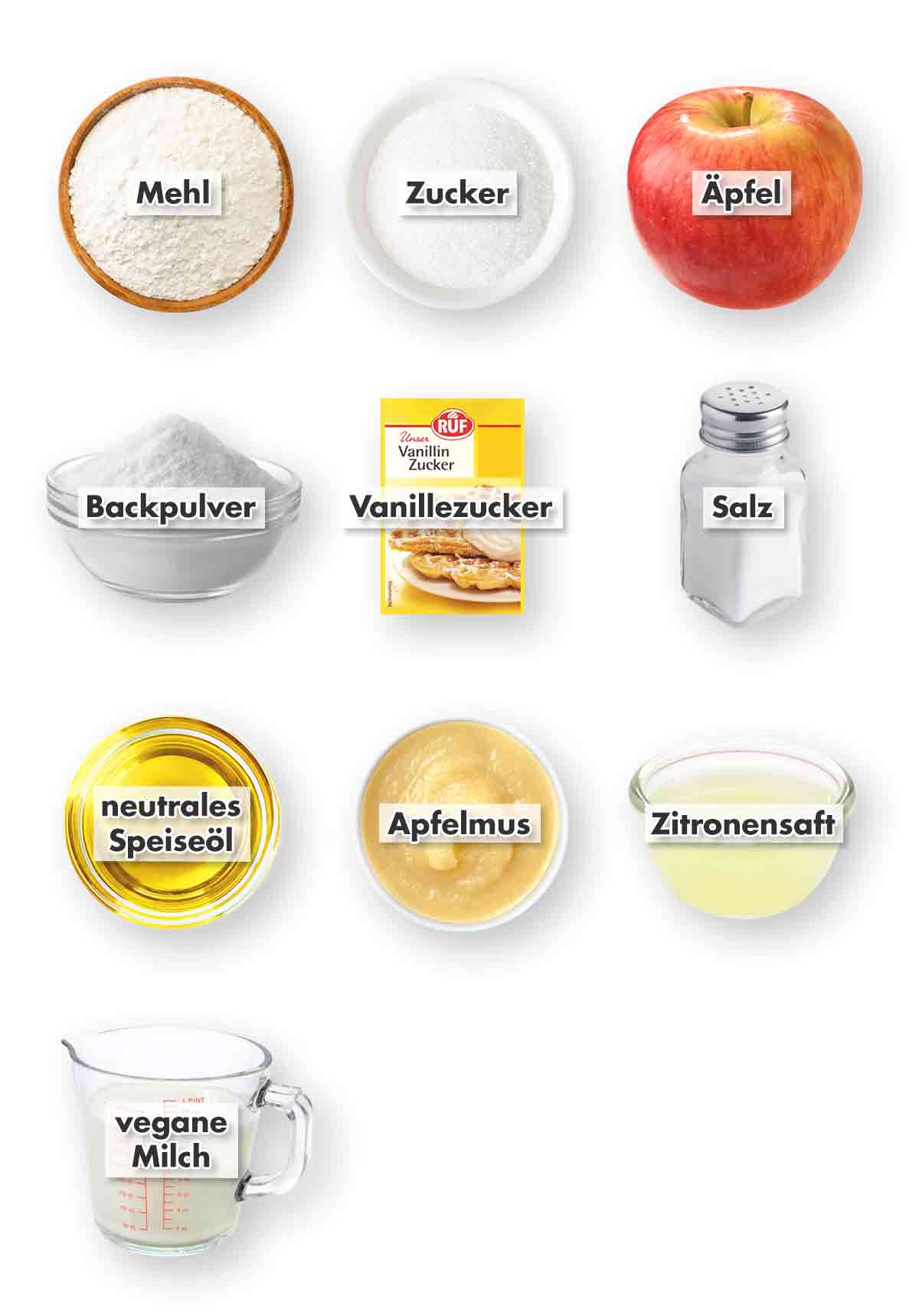 Mehl, Zucker, Äpfel, Backpulver, Vanillezucker, Salz, geschmacksneutrales Öl, Apfelmus, Zitronensaft, vegane Milch Zutaten für veganen versunkenen Apfelkuchen