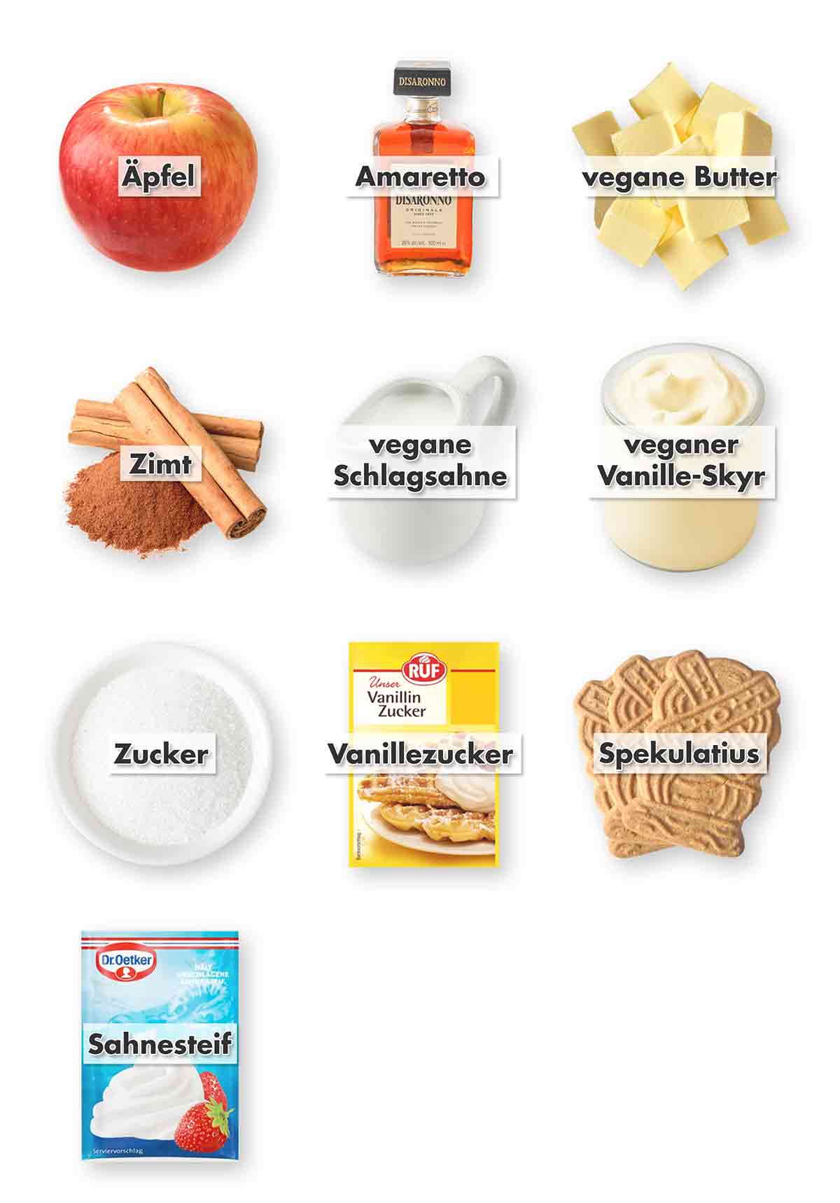 Äpfel, Amaretto, vegane Butter, Zimt, vegane Schlagsahne, veganer Vanille-Skyr, Zucker, Vanillezucker, Spekulatius, Sahnesteif Zutaten für veganes Weihnachtsdessert mit Spekulatius und Apfel