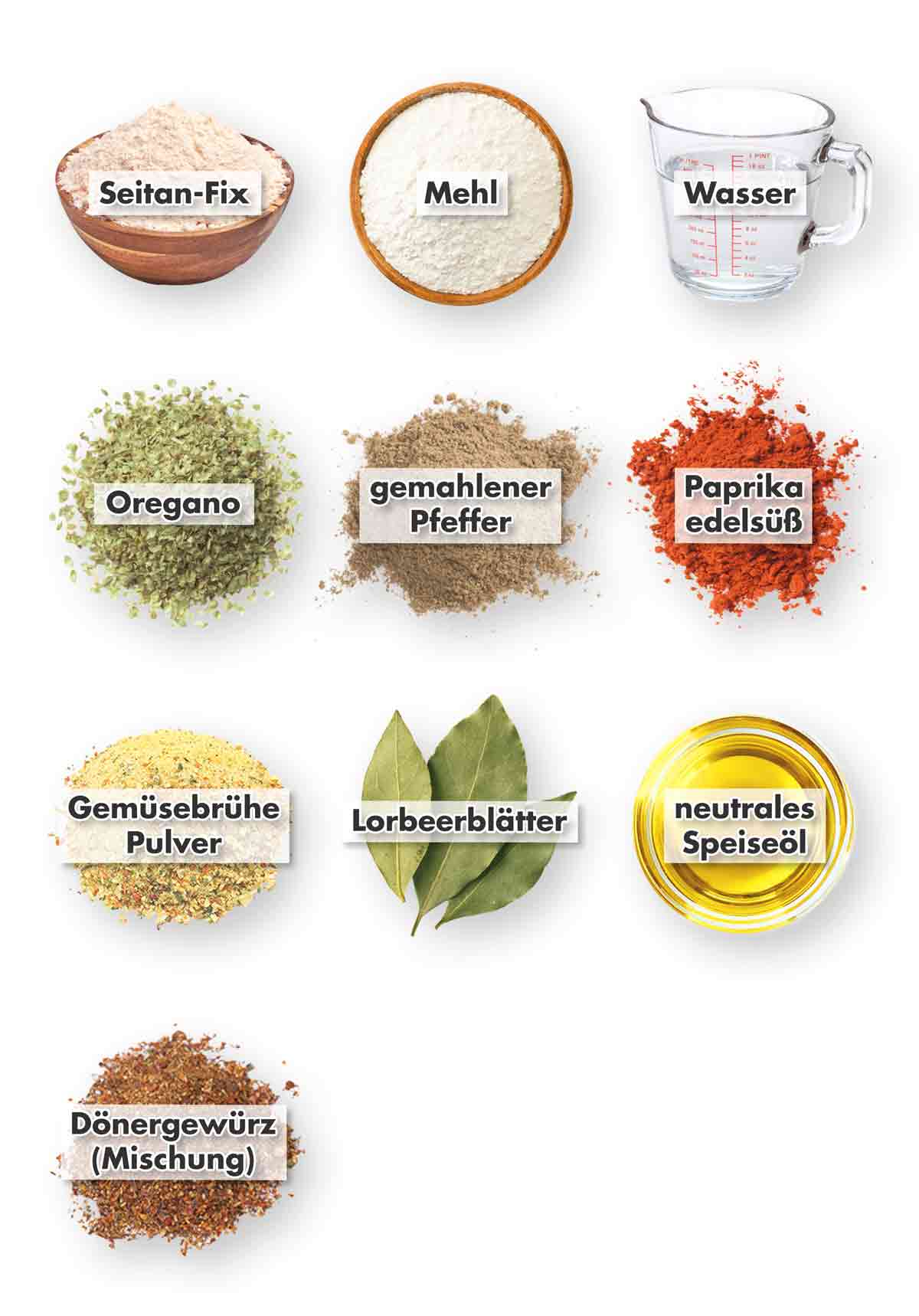 Seitan Fix, Mehl, Wasser, Oregano, Pfeffer, Paprika edelsüß, Gemüsebrühe Pulver, Lorbeerblätter, Öl, Dönergewürz Mischung Zutaten für veganes Döner Kebab aus Seitanfix