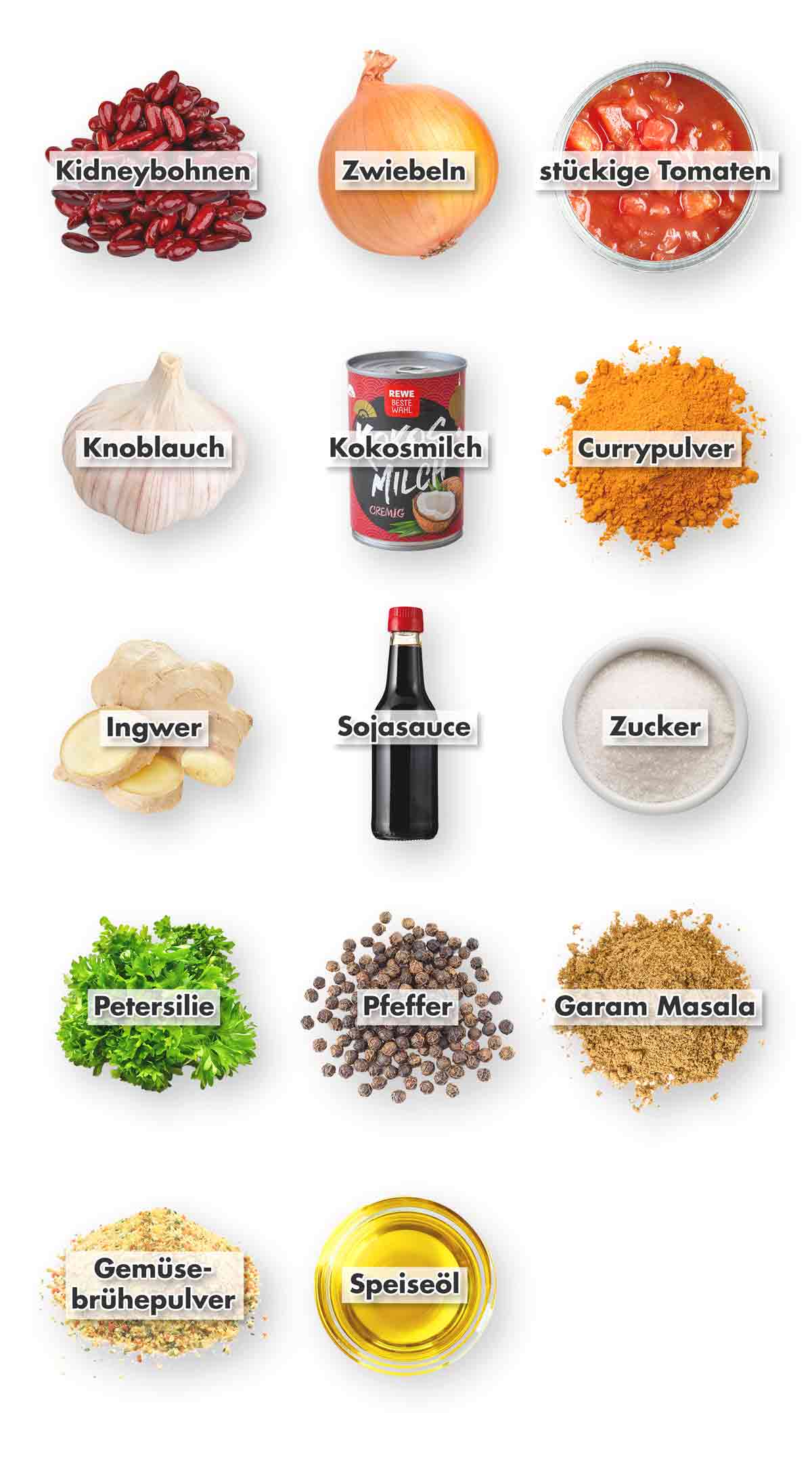 Kidneybohnen, Zwiebeln, Tomatenstücke aus der Dose, Knoblauch, Kokosmilch, Currypulver, frischer Ingwer, Sojasoße, Zucker, Petersilie, Pfeffer Garam Masala, Gemüsebrühe Pulver, Öl Zutaten für einfaches veganes Curry mit Kidneybohnen und Kokosmilch