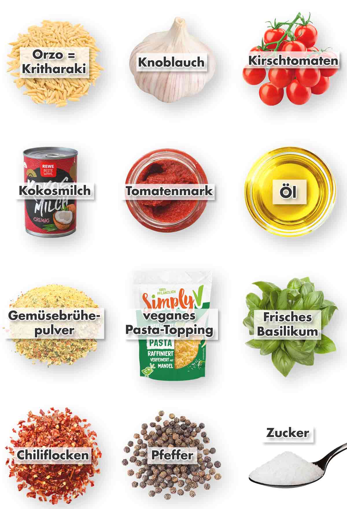 Orzo (= Kritharaki), Knoblauch, Kirschtomaten, Kokosmilch, Tomatenmark, Öl, Gemüsebrühe Pulver, veganes Pasta Topping, frisches Basilikum, Chiliflocken, schwarzer Pfeffer, Zucker Zutaten für veganes Tomaten Orzo mit Kokosmilch