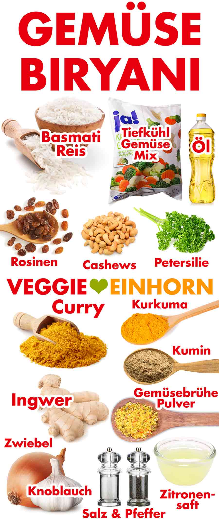 Zutaten für indisches Biryani mit Gemüse und Reis Zutaten für vegetarisches Gemüse Biryani mit Reis