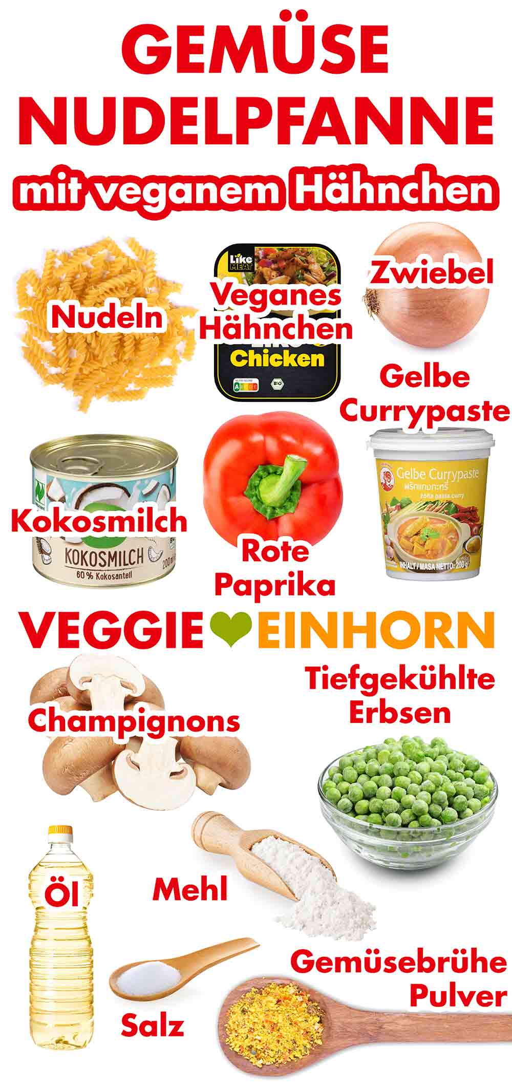 Nudeln, veganes Hähnchen, Zwiebel, Kokosmilch, rote Paprika, gelbe Currypaste, Champignons, TK Erbsen, Öl, Mehl, Salz, Gemüsebrühe Pulver Zutaten für Gemüse Nudelpfanne mit veganem Hähnchen