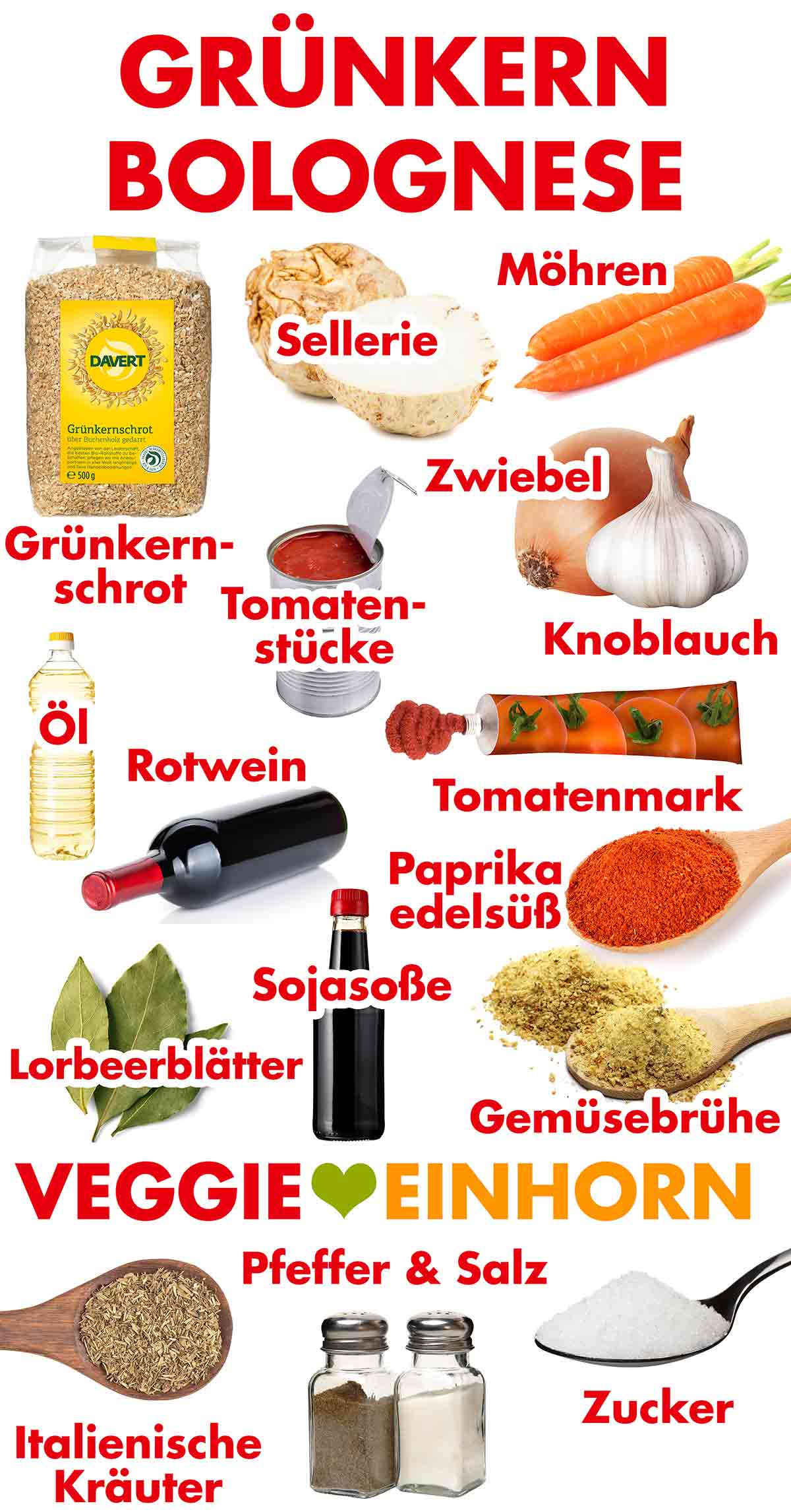 Grünkernschrot, Knollensellerie, Möhren, Tomatenstücke aus der Dose, Zwiebel, Knoblauch, Öl, veganer Rotwein, Tomatenmark, Paprika edelsüß, Lorbeerblätter, Sojasoße, Gemüsebrühe Pulver, italienische Kräutermischung, Pfeffer, Salz, Zucker Zutaten für Grünkernbolognese