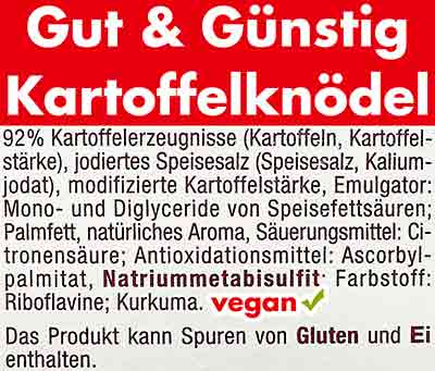 Zutaten der Kartoffel Knödel halb und halb von Gut und Günstig Zutaten von Gut und Günstig Kartoffelknödeln von Edeka