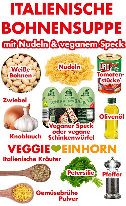 Dosenbohnen, Nudeln, Tomatenstücke aus der Dose, Zwiebel, Knoblauch, vegane Schinkenwürfel von Billie Green, Olivenöl, getrocknete italienische Kräuter, veganes Gemüsebrühe Pulver, Petersilie, schwarzer Pfeffer Zutaten für italienische weiße Bohnensuppe mit veganem Speck und Nudeln