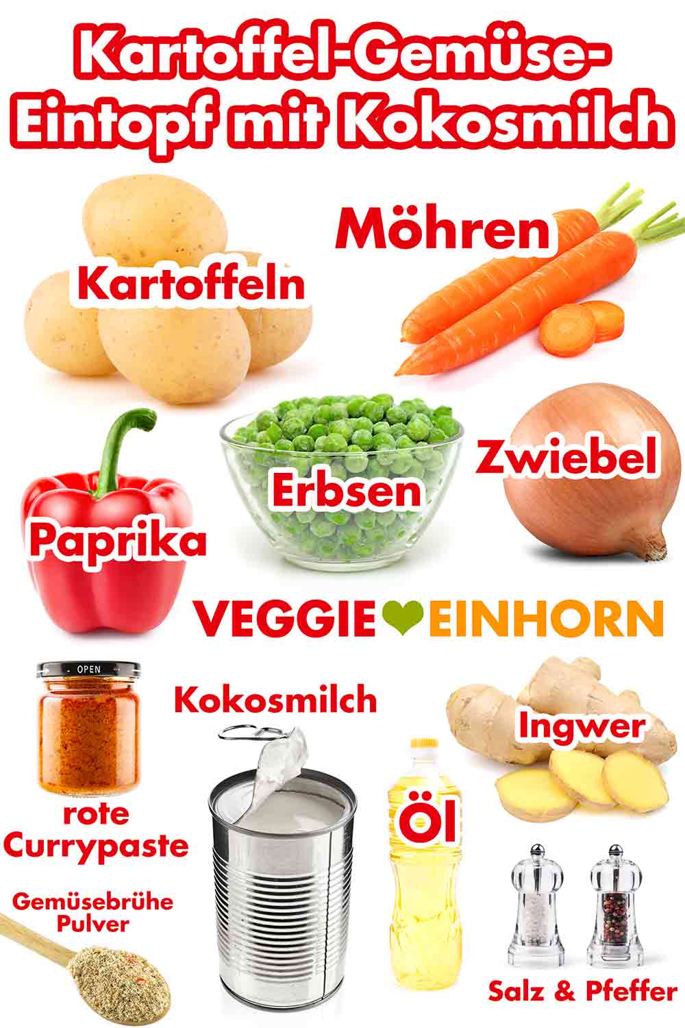 Zutaten für Eintopf mit Kokosmilch Zutaten für Kartoffel Gemüse Eintopf mit Kokosmilch