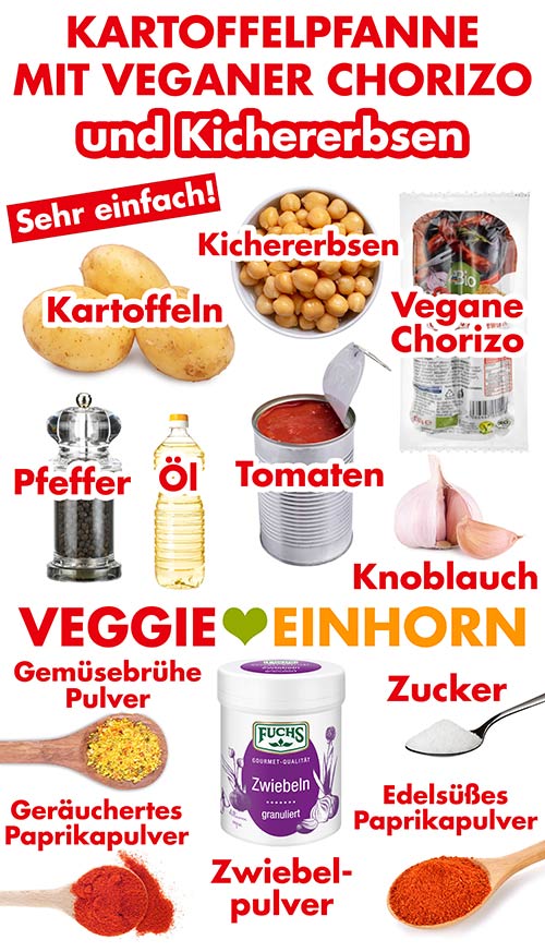 Kartoffeln, Kichererbsen, vegane Chorizo Bratwurst, Pfeffer, Öl, Tomaten aus der Dose, Knoblauch, veganes Gemüsebrühe Pulver, Zwiebelpulver, Zucker, geräuchertes Paprikapulver, Paprika edelsüß Zutaten für Kartoffelpfanne mit veganer Chorizo und Kichererbsen