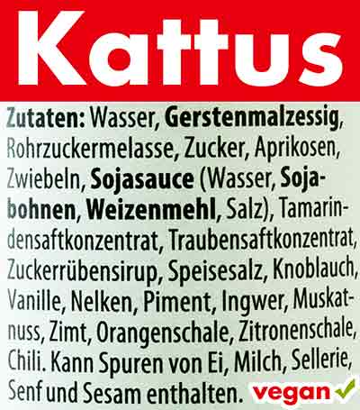 Zutaten der Kattus Worcester Sauce Inhaltsstoffe der veganen Worcestersauce von Kattus