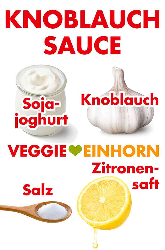 Zutaten für die Knoblauchsoße mit Joghurt und Zitronensaft Zutaten für die Joghurtsoße mit Knoblauch und veganem Joghurt