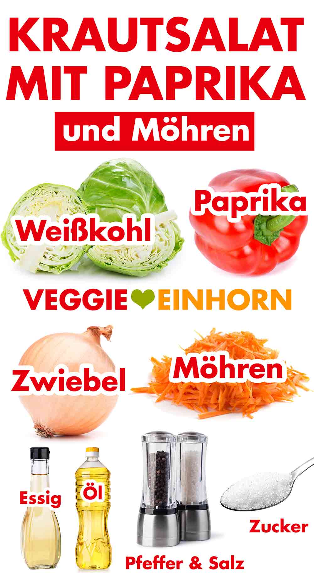 Zutaten für Krautsalat mit Paprika und Karotten Zutaten für Weißkohlsalat mit Paprika und Karotten