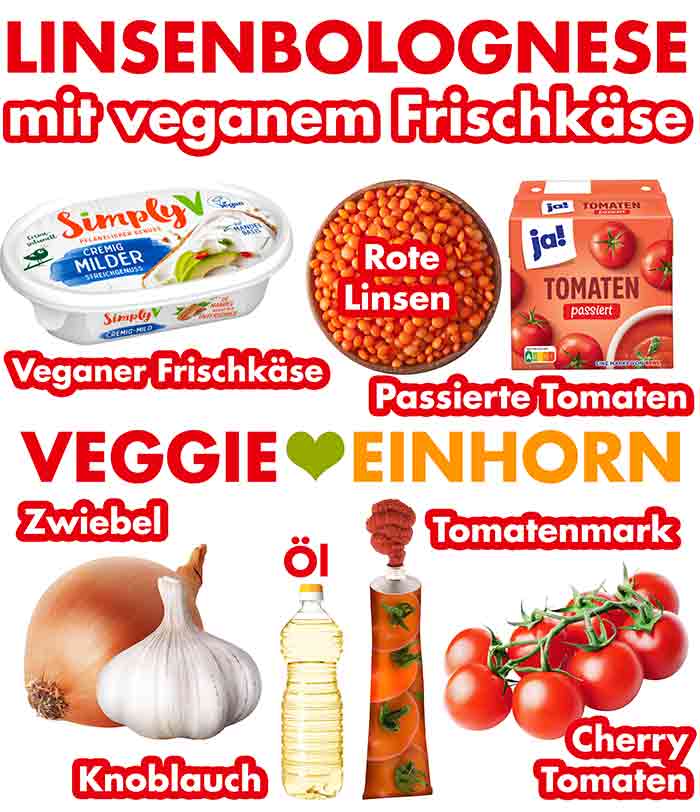 Veganer Frischkäse, rote Linsen, passierte Tomaten, Zwiebel, Knoblauch, Öl, Tomatenmark, Cherry Tomaten Zutaten für Linsenbolognese mit veganem Frischkäse