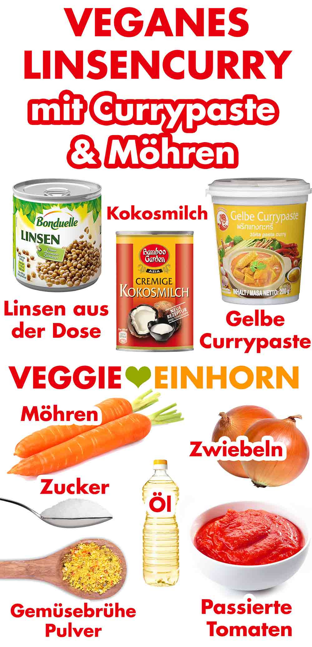 Linsen aus der Dose, Kokosmilch, gelbe Currypaste, Möhren, Zwiebeln, Zucker, Öl, passierte Tomaten, Gemüsebrühe Pulver. Zutaten für veganes Linsencurry mit gelber Currypaste und Möhren
