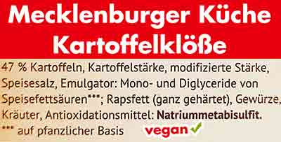 Inhaltsstoffe der Mecklenburger Küche Kartoffel Klöße Zutaten der veganen Kartoffelklöße von Mecklenburger Küche