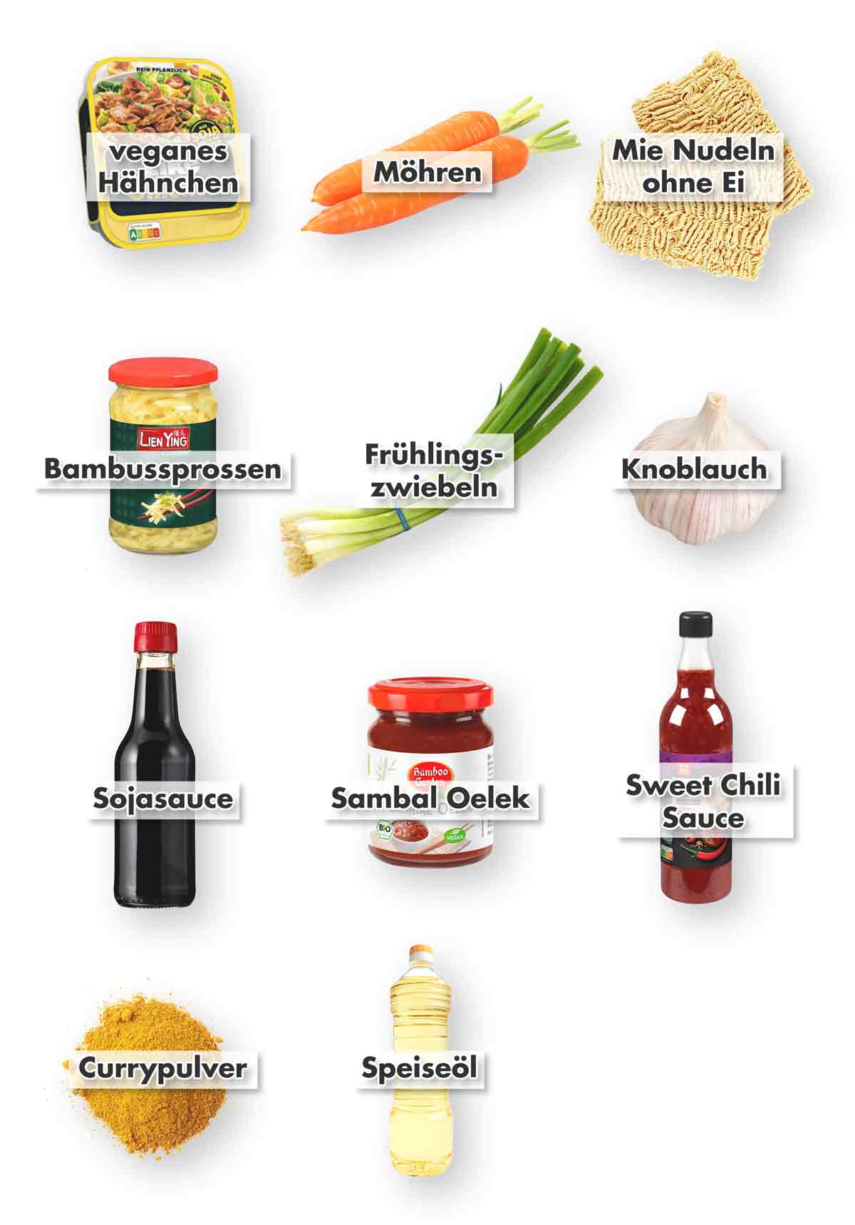 Veganes Hähnchen, Möhren, Mie Nudeln ohne Ei, Bambussprossen, Frühlingszwiebeln, Knoblauch, Sojasauce, Sambal Oelek, Sweet Chili Sauce, Currypulver, geschmacksneutrales Öl Zutaten für Mie Nudeln mit veganem Hähnchen
