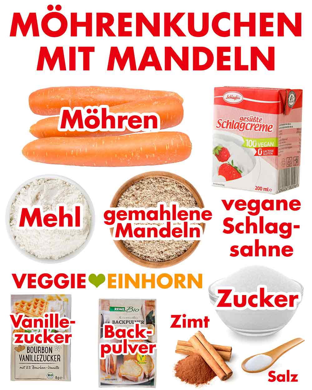 Zutaten für Möhrenkuchen mit Mandeln Zutaten für Möhrenkuchen mit gemahlenen Mandeln