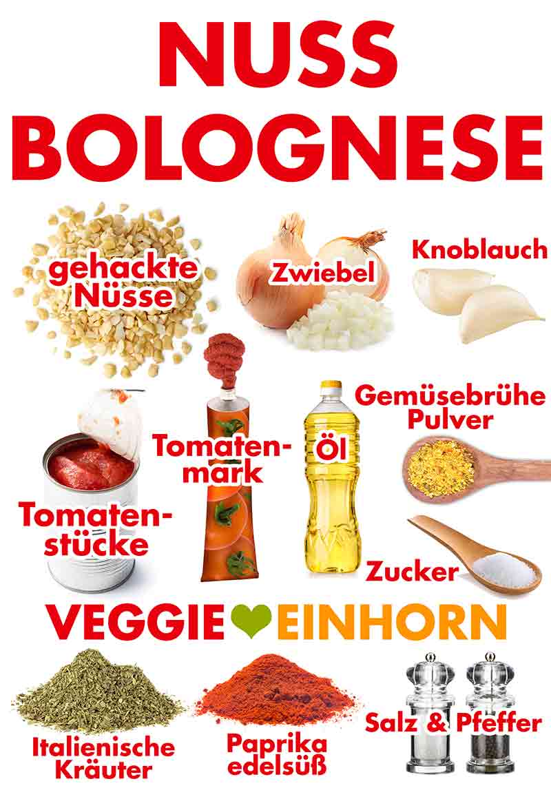 Zutaten für vegetarische Bolognese mit gehackten Nüssen Zutaten für vegane Nuss Bolognese