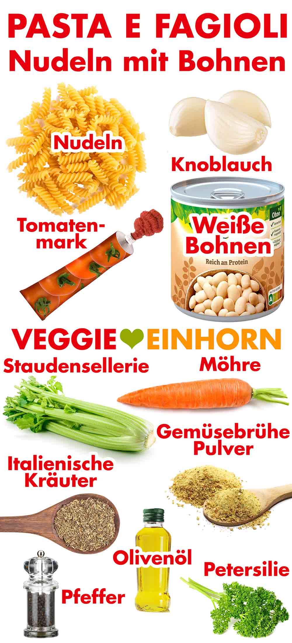 Nudeln, Knoblauch, Tomatenmark, weiße Bohnen in der Dose, Staudensellerie, Möhre, italienische Kräuter, Gemüsebrühe Pulver, Pfeffer, Olivenöl, Petersilie Zutaten für Pasta e fagioli