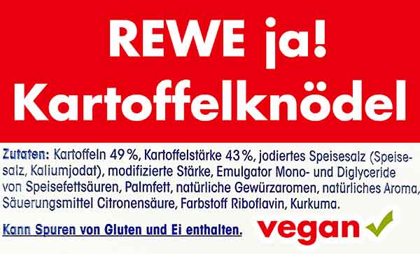 Inhaltsstoffe von Rewe ja! Kartoffel Knödeln halb und halb Zutaten von Rewe ja! Kartoffelknödeln