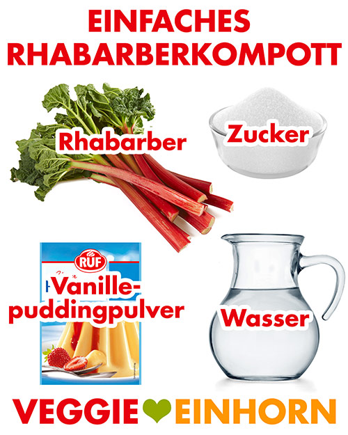 Rhabarber, Zucker, Vanillepuddingpulver, Wasser Zutaten für Rhabarber Kompott mit Vanillepudding