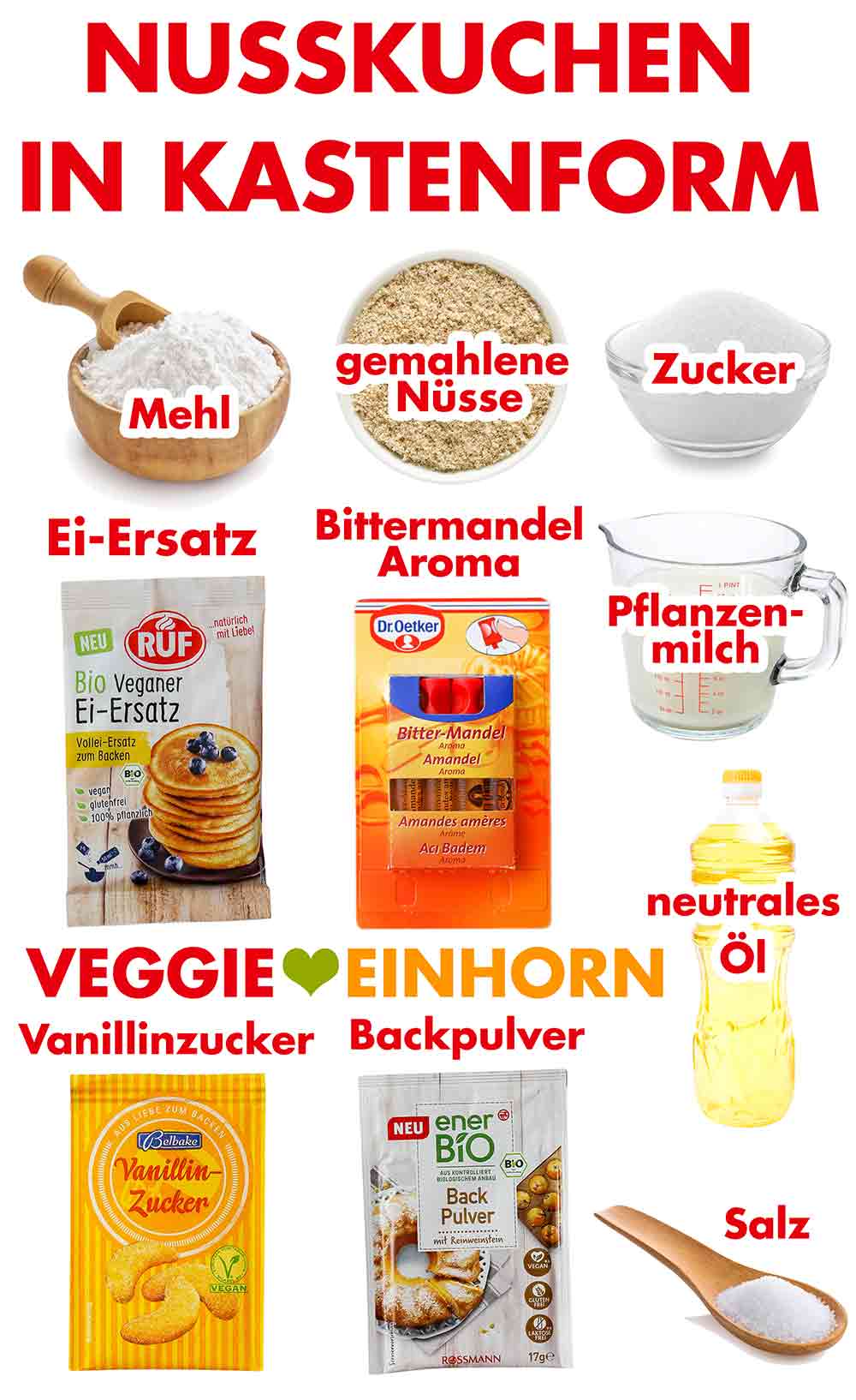 Zutaten für saftigen Nusskuchen aus der Kastenform Zutaten für veganen Nusskuchen aus der Kastenform