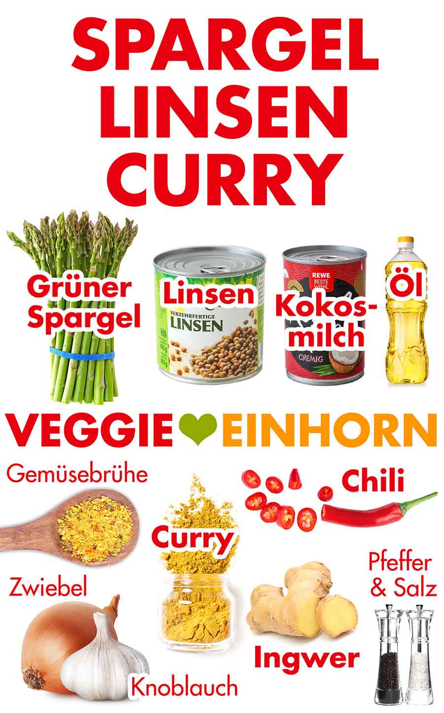 Die Zutaten für das Curry mit grünem Spargel, Linsen und Kokosmilch Zutaten für Spargel Linsen Curry