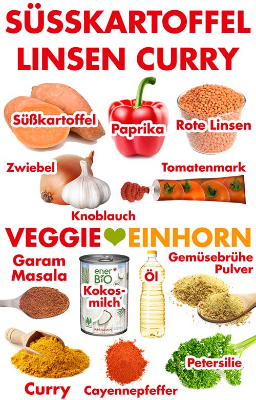 Süßkartoffel, Paprika, rote Linsen, Zwiebel, Knoblauch, Tomatenmark, Garam Masala, Kokosmilch, Öl, Gemüsebrühe Pulver, Curry Pulver, Cayennepfeffer, Petersilie Zutaten für Süßkartoffel Linsen Curry
