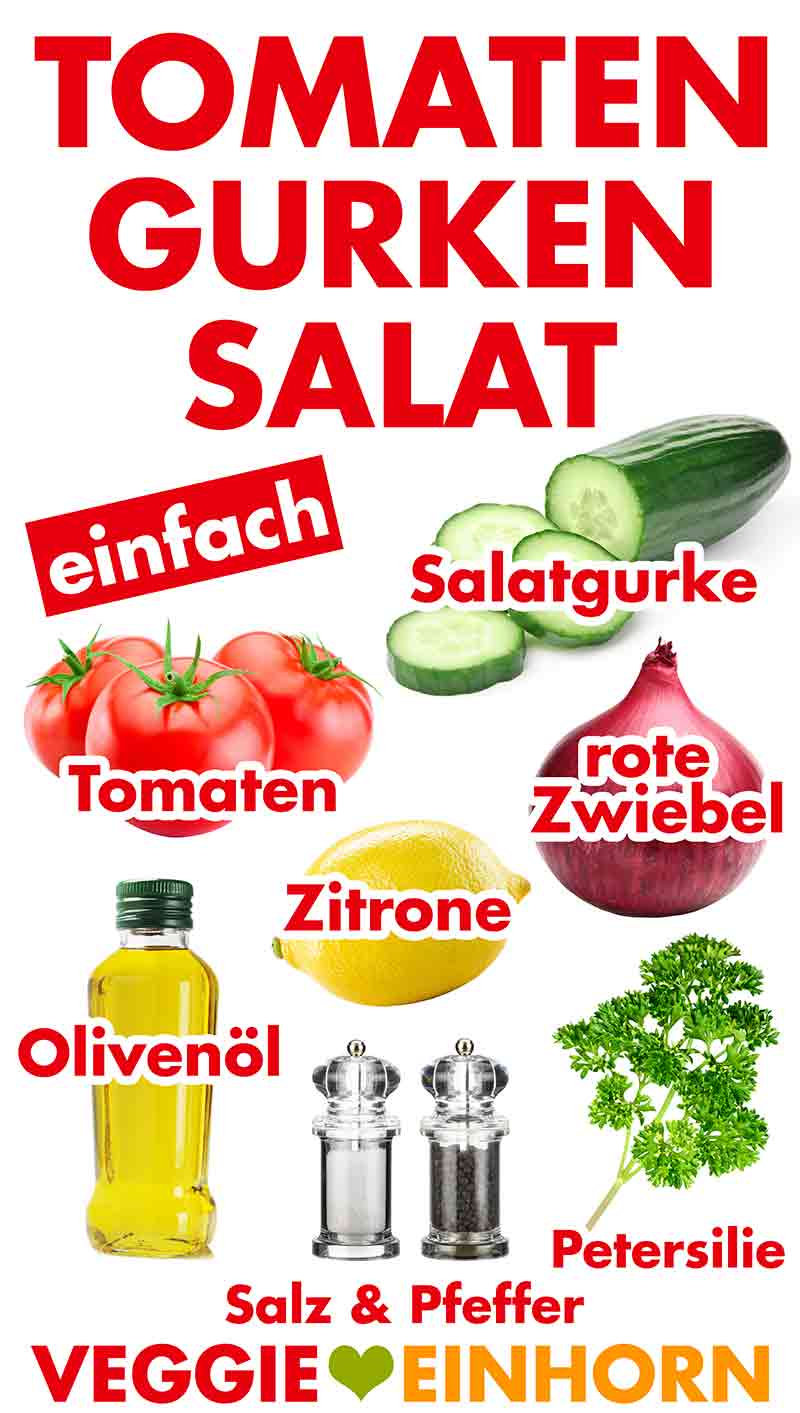 Zutaten für Salat mit Tomaten, Salatgurke und roter Zwiebel Zutaten für Tomaten Gurken Salat