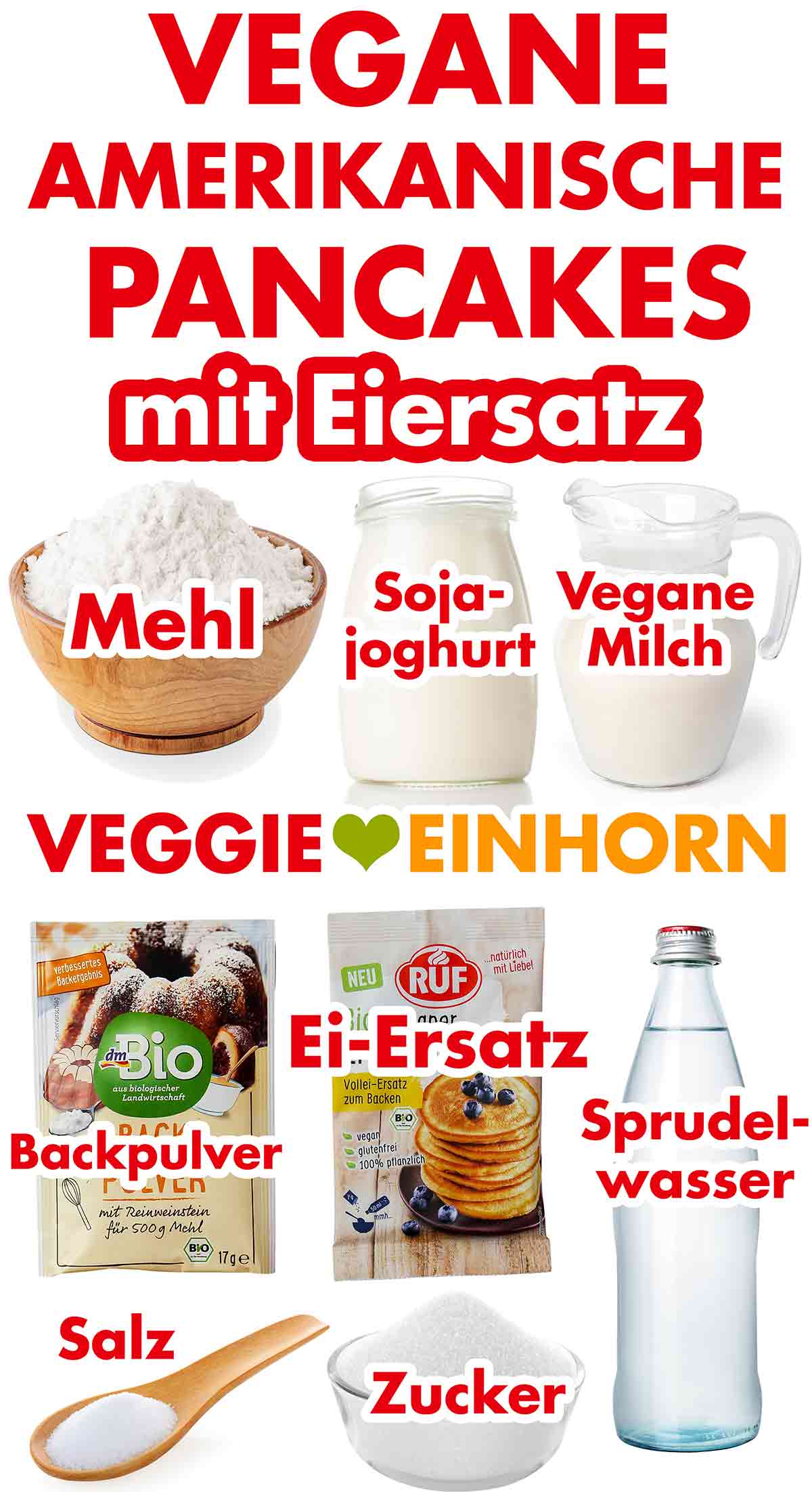 Mehl, Sojajoghurt, vegane Milch, Backpulver, Eiersatz Pulver zum Backen, Sprudelwasser, Salz, Zucker Zutaten für vegane amerikanische Pancakes mit Ei Ersatz
