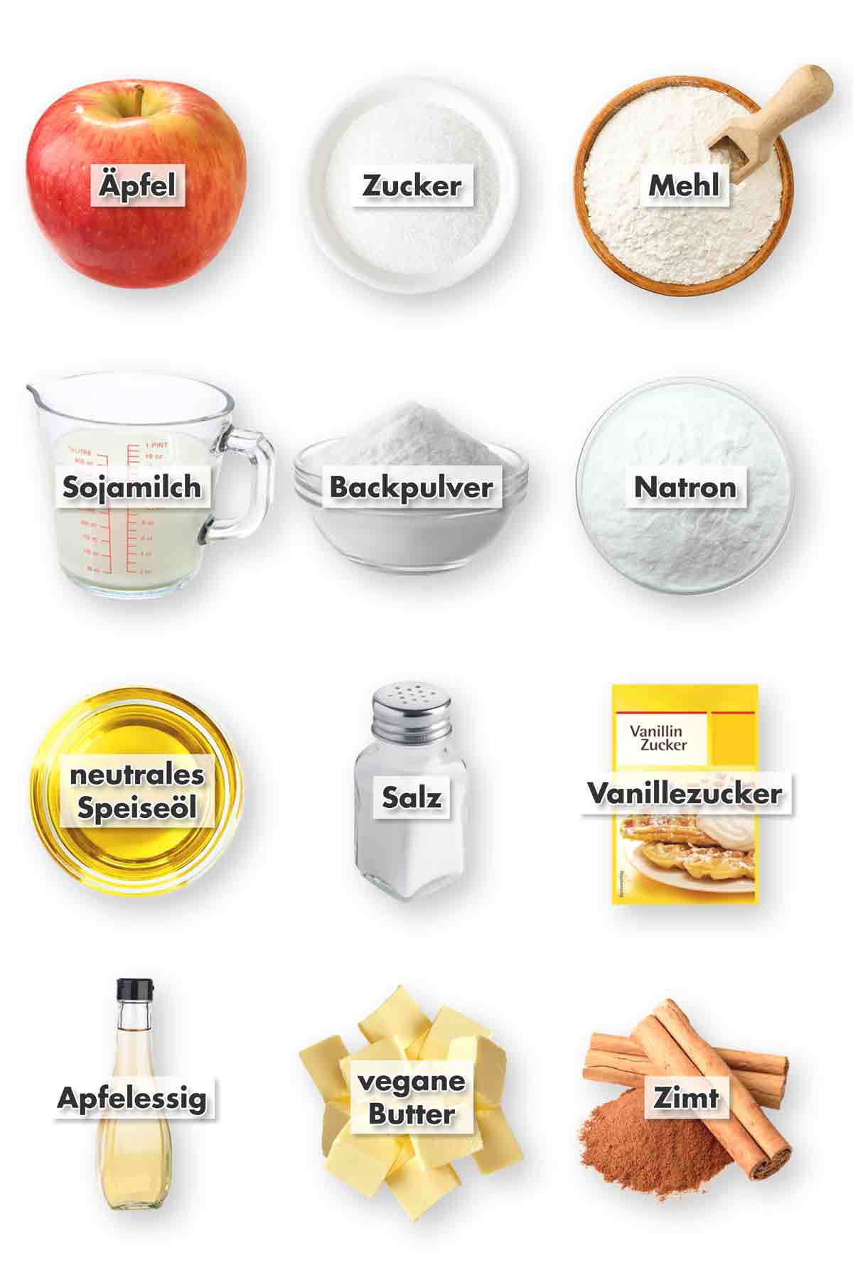 Zutaten für vegane Apfel-Streusel-Muffins in einer Collage: Äpfel, Zucker, Mehl, Sojamilch, Backpulver, Natron, neutrales Speiseöl, Salz, Vanillezucker, Apfelessig, vegane Butter und Zimt, jeweils mit Beschriftung.