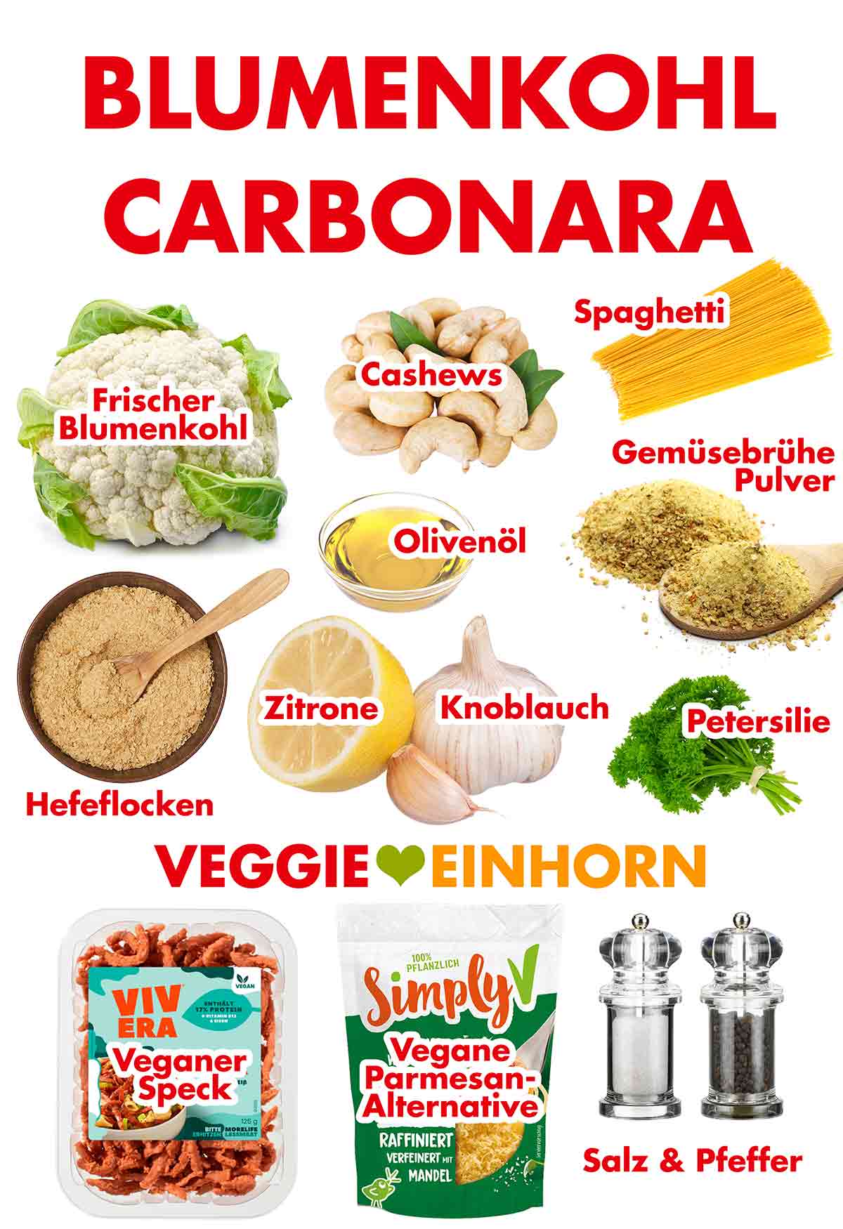 Blumenkohl, Cashews, Spaghetti, Hefeflocken, Olivenöl, veganes Gemüsebrühe Pulver, Zitrone, Knoblauch, Petersilie, veganer Speck, vegane Parmesan-Alternative, Pfeffer und Salz Zutaten für vegane Blumenkohl Carbonara
