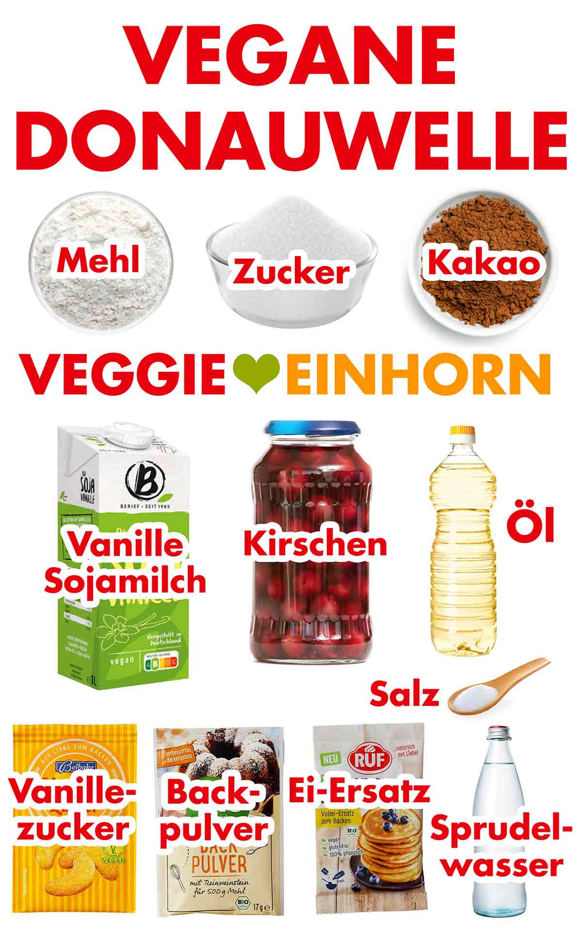 Mehl, Zucker, Backkakao, Vanille-Sojamilch, Kirschen, Öl, Vanillinzucker, Backpulver, Ei Ersatz Pulver, Mineralwasser Zutaten für vegane Donauwelle