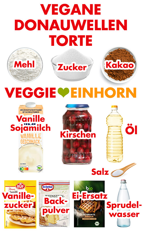 Mehl, Zucker, Kakao, Vanille-Sojamilch, Kirschen, Öl, Vanillezucker, Backpulver, Ei Ersatz, Mineralwasser mit Kohlensäure, Salz Zutaten für vegane Donauwellen Torte