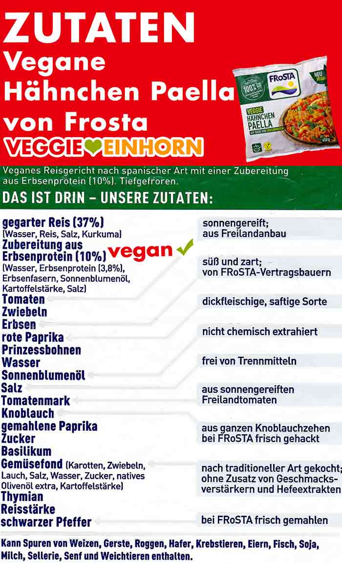 Zutaten der Veggie Hähnchen Paella von Frosta Zutatenliste der veganen Hähnchen Paella von Frosta