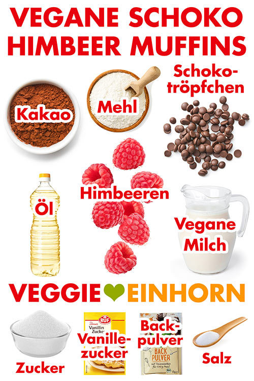 Kakao, Mehl, vegane Schokotröpfchen, Öl, Himbeeren, vegane Milch, Zucker, Vanillezucker, Backpulver, Salz Zutaten für vegane Schoko Himbeer Muffins