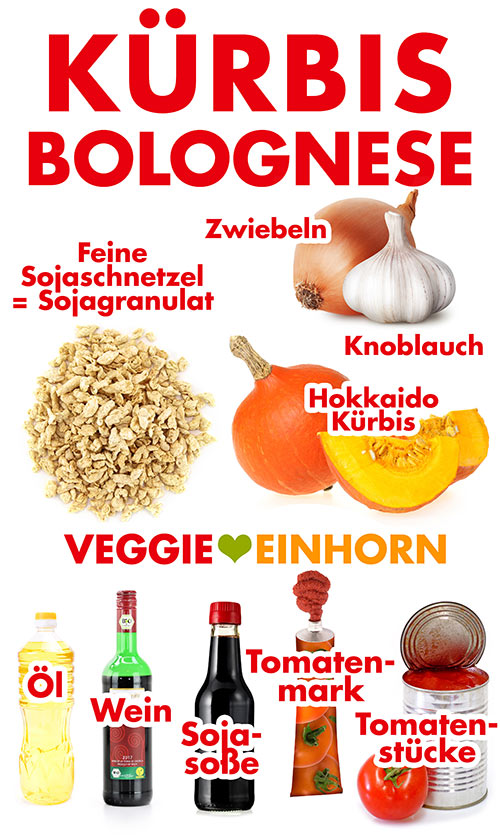 Feine Sojaschnetzel (Sojagranulat), Hokkaido Kürbis, Zwiebeln, Knoblauch, Öl, veganer Rotwein, Sojasoße, Tomatenmark, Tomatenstücke aus der Dose Zutaten für vegane Kürbis Bolognese