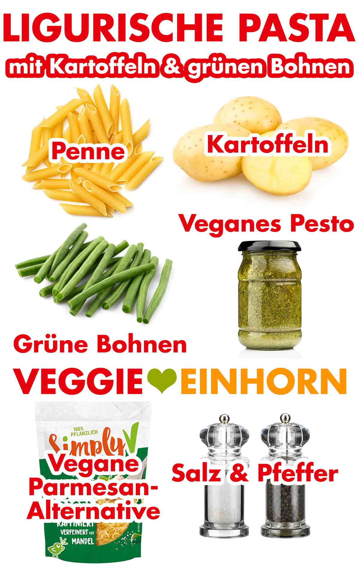 Penne, Kartoffeln, grüne Bohnen, veganes grünes Pesto, vegane Parmesan-Alternative, Salz und Pfeffer Zutaten für vegane ligurische Nudeln mit Kartoffeln und grünen Bohnen